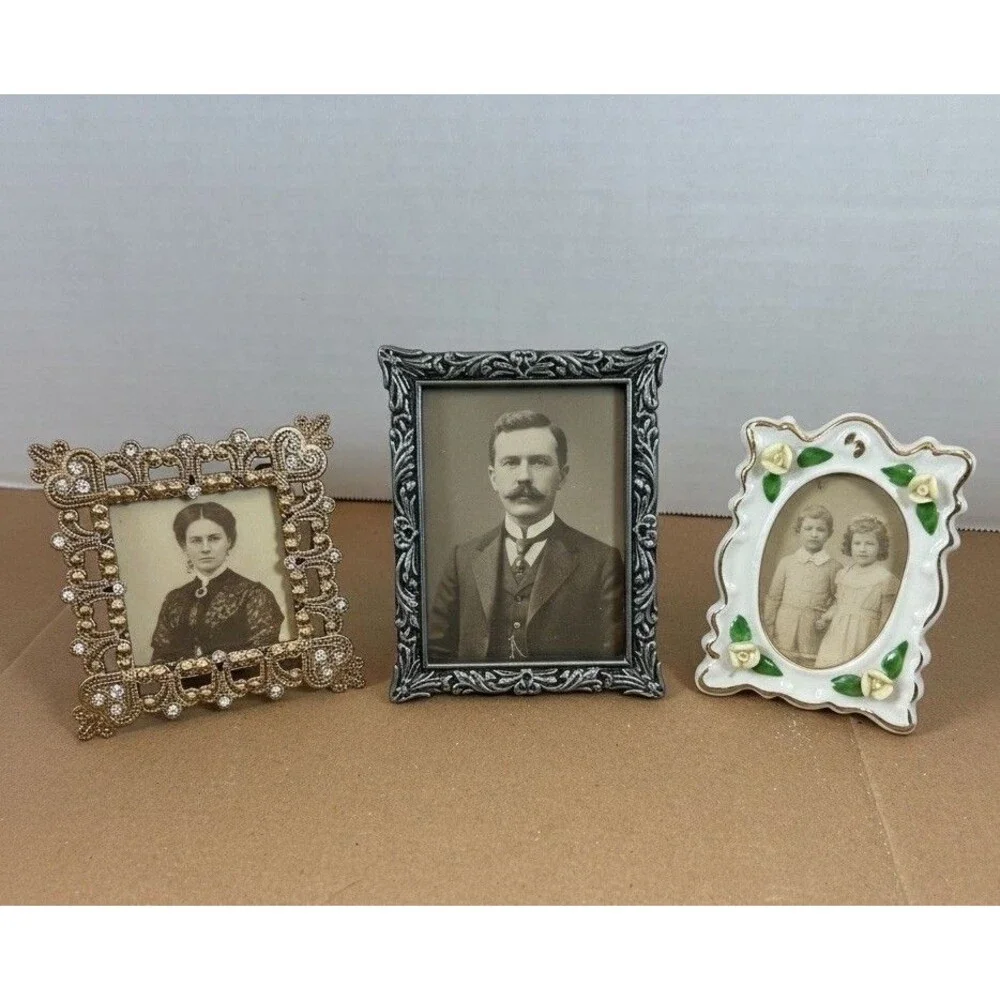 Mini Picture Frames Lot 3 Gold Metal Silver Ceramic Small Desktop Display